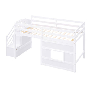 English Elm Twin Loft Bed Pinewood Frame with Storage Staircase Led Lighting and Window Cutout White GX000436AAK