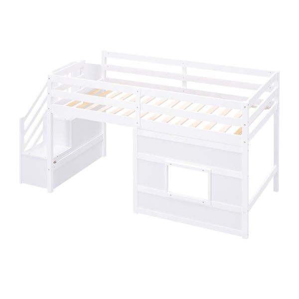 English Elm Twin Loft Bed Pinewood Frame with Storage Staircase Led Lighting and Window Cutout White GX000436AAK