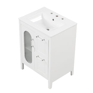 English Elm 24" Bathroom Vanity with Sink Solid Wood & Ceramic Top, Modern Freestanding Cabinet with Drawers White N725P351849K