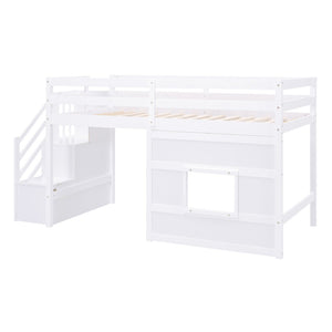 English Elm Twin Loft Bed Pinewood Frame with Storage Staircase Led Lighting and Window Cutout White GX000436AAK