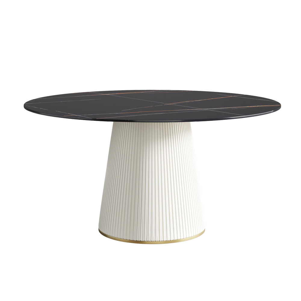 English Elm 59.05 Modern Round Beige Dining Table With Durable Stone Top & Sleek Black Pu Base For 8 People W1535S00265