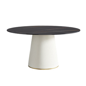 English Elm 59.05 Modern Round Beige Dining Table With Durable Stone Top & Sleek Black Pu Base For 8 People W1535S00265