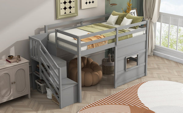 English Elm Twin Loft Bed Pinewood Frame with Storage Staircase Led Lighting and Window Cutout Gray GX000436AAE