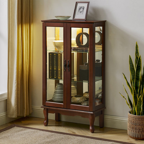 English Elm Curio Lighted Display Cabinet with Mirrored Back, Tempered Glass Shelves, Classic Floor Mount Design Walnut W169392180