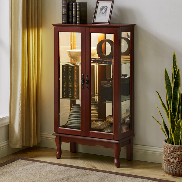 English Elm Curio Lighted Display Cabinet with Mirrored Back, Tempered Glass Shelves, Classic Floor Mount Design Cherry W169392181