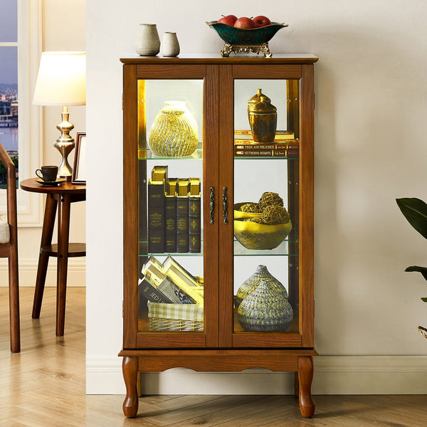 English Elm Curio Oak Lighted Display Cabinet with Mirrored Back, Tempered Glass Shelves, 43.5"H, Classic Style W169391690