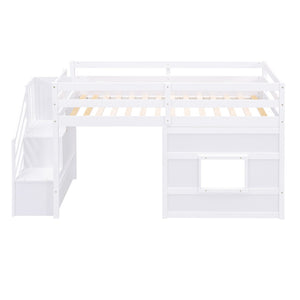 English Elm Twin Loft Bed Pinewood Frame with Storage Staircase Led Lighting and Window Cutout White GX000436AAK