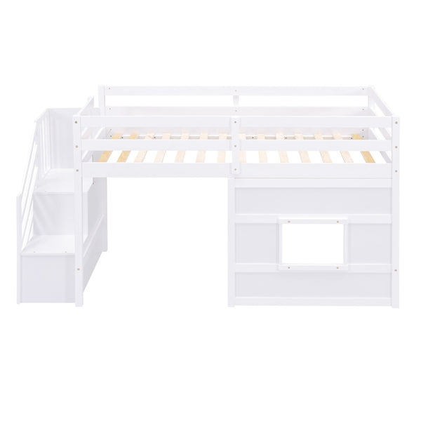 English Elm Twin Loft Bed Pinewood Frame with Storage Staircase Led Lighting and Window Cutout White GX000436AAK