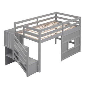 English Elm Twin Loft Bed Pinewood Frame with Storage Staircase Led Lighting and Window Cutout Gray GX000436AAE