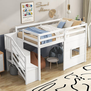 English Elm Twin Loft Bed Pinewood Frame with Storage Staircase Led Lighting and Window Cutout White GX000436AAK