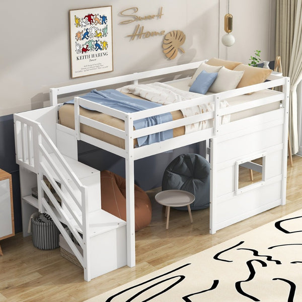 English Elm Twin Loft Bed Pinewood Frame with Storage Staircase Led Lighting and Window Cutout White GX000436AAK