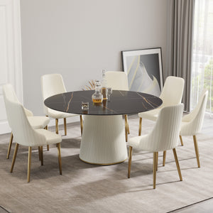 English Elm 59.05 Modern Round Beige Dining Table With Durable Stone Top & Sleek Black Pu Base For 8 People W1535S00265