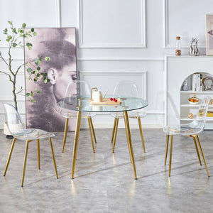 English Elm A glass 40in Round Dining Table with Gold Plated Metal Legs, Minimalist Glass Top, Seats 4-6, DT-1164 W1151S01594