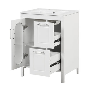 English Elm 24" Bathroom Vanity with Sink Solid Wood & Ceramic Top, Modern Freestanding Cabinet with Drawers White N725P351849K