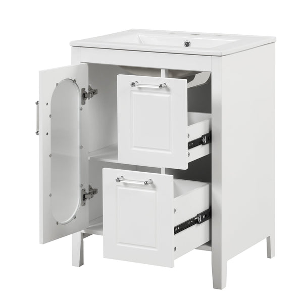 English Elm 24" Bathroom Vanity with Sink Solid Wood & Ceramic Top, Modern Freestanding Cabinet with Drawers White N725P351849K