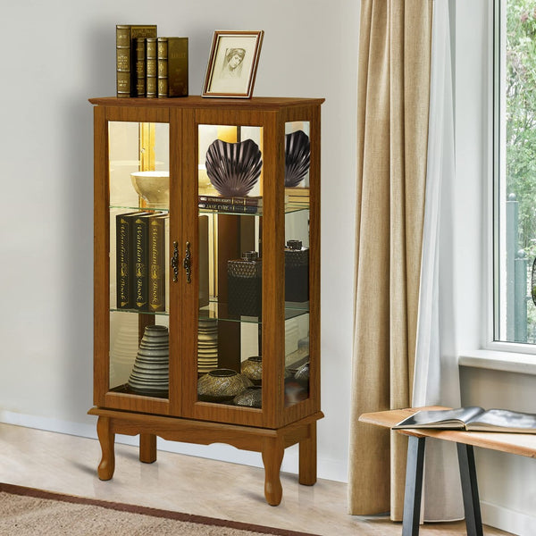 English Elm Curio Cabinet Oak Finish Lighted Display with Tempered Glass Doors and Mirrored Back Black W1693P465378