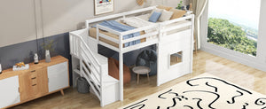 English Elm Twin Loft Bed Pinewood Frame with Storage Staircase Led Lighting and Window Cutout White GX000436AAK