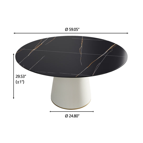 English Elm 59.05 Modern Round Beige Dining Table With Durable Stone Top & Sleek Black Pu Base For 8 People W1535S00265