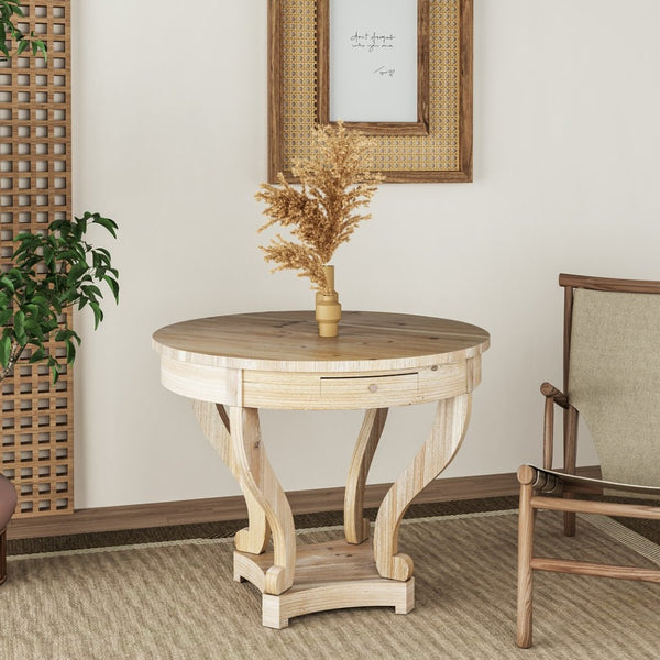 English Elm Curved Leg Round Farmhouse Dining Table Distressed Fir Veneer with Dual Storage Drawers W1435127092