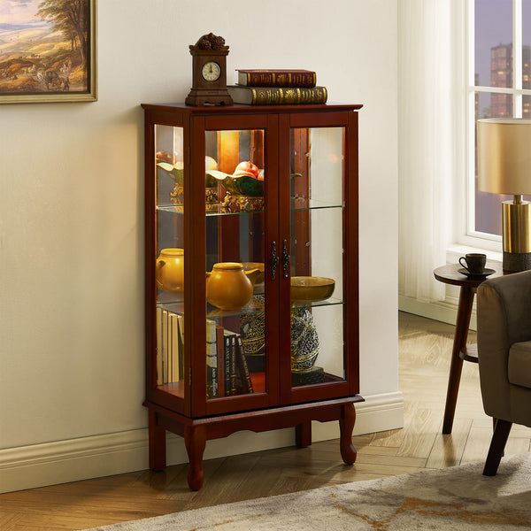 English Elm Curio Lighted Display Cabinet with Mirrored Back, Tempered Glass Shelves, Classic Floor Mount Design Cherry W169392181