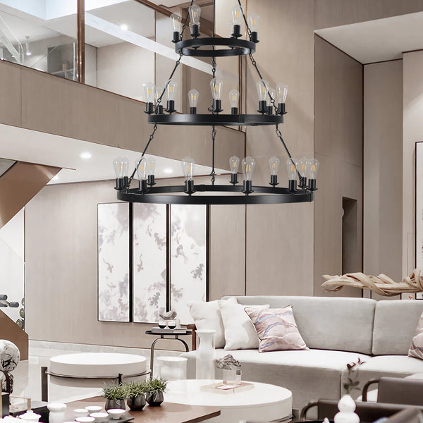 English Elm (Same 45" Retro Industrial 3-Layer Pendant Light, 27-Bulb Black Iron & Glass Farmhouse Fixture for Dining Rooms W1340P241302