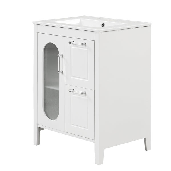 English Elm 24" Bathroom Vanity with Sink Solid Wood & Ceramic Top, Modern Freestanding Cabinet with Drawers White N725P351849K