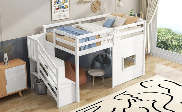 English Elm Twin Loft Bed Pinewood Frame with Storage Staircase Led Lighting and Window Cutout White GX000436AAK
