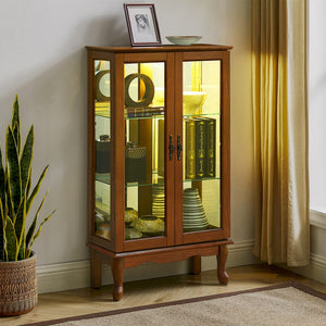 English Elm Curio Oak Lighted Display Cabinet with Mirrored Back, Tempered Glass Shelves, 43.5"H, Classic Style W169391690