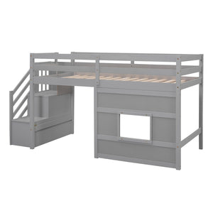 English Elm Twin Loft Bed Pinewood Frame with Storage Staircase Led Lighting and Window Cutout Gray GX000436AAE