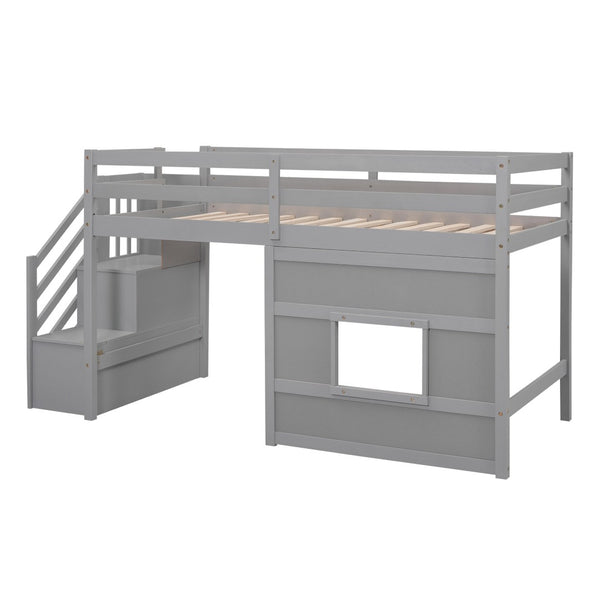 English Elm Twin Loft Bed Pinewood Frame with Storage Staircase Led Lighting and Window Cutout Gray GX000436AAE