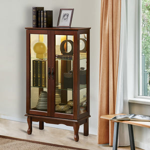 English Elm Curio Lighted Display Cabinet with Mirrored Back, Tempered Glass Shelves, Classic Floor Mount Design Walnut W169392180