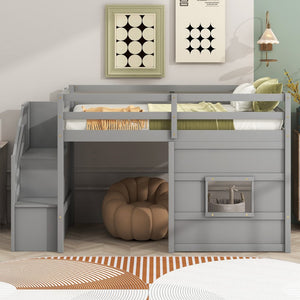English Elm Twin Loft Bed Pinewood Frame with Storage Staircase Led Lighting and Window Cutout Gray GX000436AAE