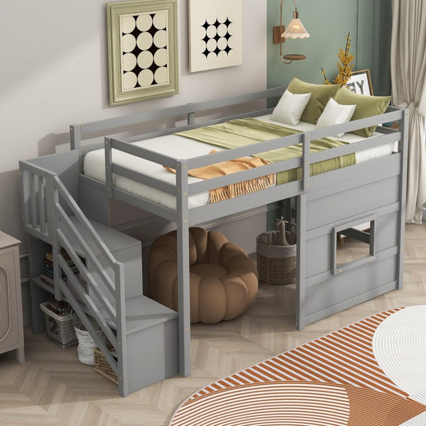 English Elm Twin Loft Bed Pinewood Frame with Storage Staircase Led Lighting and Window Cutout Gray GX000436AAE