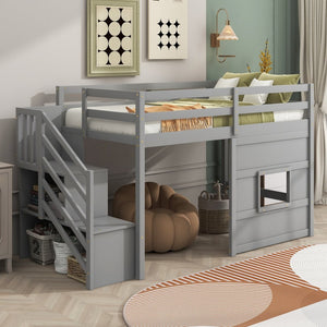 English Elm Twin Loft Bed Pinewood Frame with Storage Staircase Led Lighting and Window Cutout Gray GX000436AAE