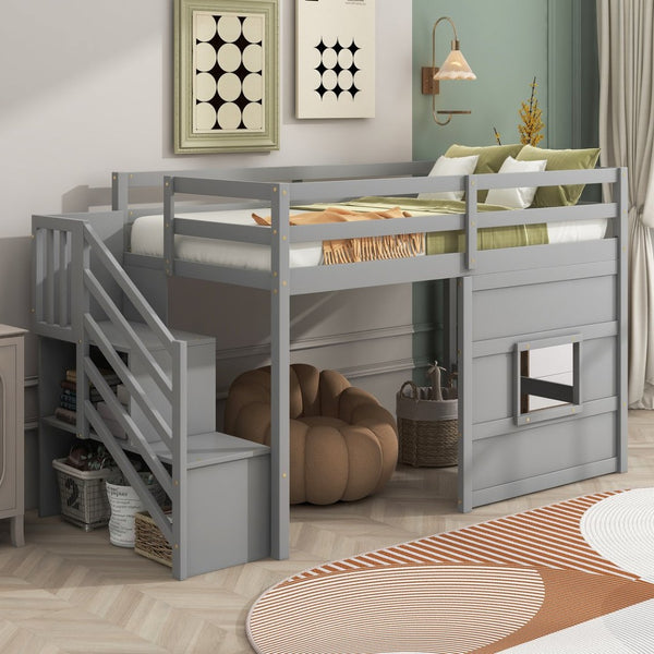English Elm Twin Loft Bed Pinewood Frame with Storage Staircase Led Lighting and Window Cutout Gray GX000436AAE