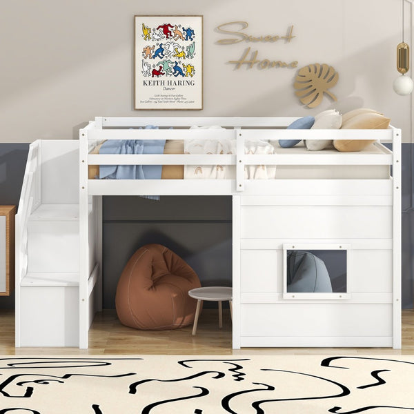 English Elm Twin Loft Bed Pinewood Frame with Storage Staircase Led Lighting and Window Cutout White GX000436AAK