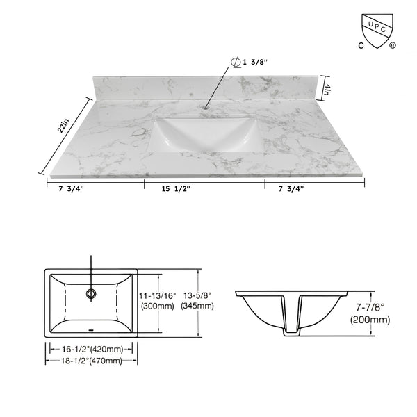 English Elm Montary 31-inch Engineered Stone Vanity Top with Rectangular Undermount Sink, Backsplash, Polished Carrara Finish W50932301