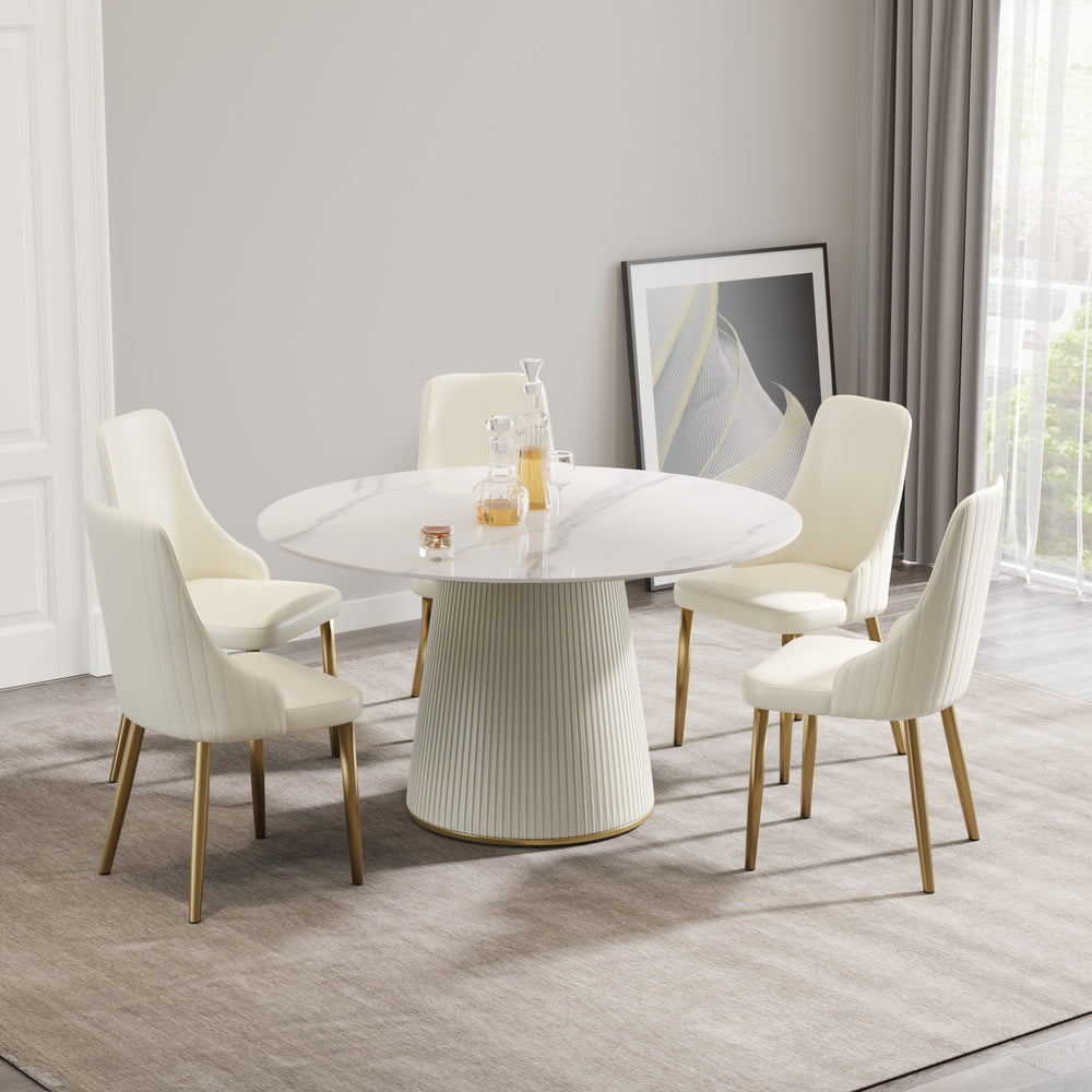 English Elm 53.15" Modern White Round Dining Table With Premium Stone Top & Pu Base, Seats 6 For Stylish Meals W1535S00264