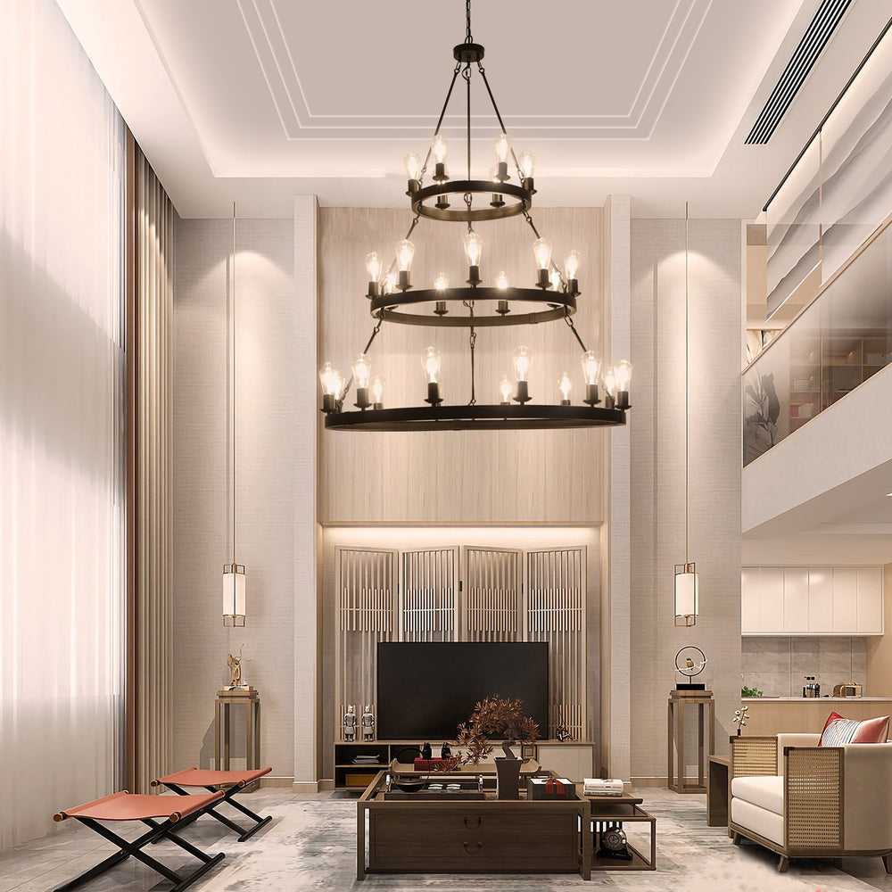 English Elm (Same 45" Retro Industrial 3-Layer Pendant Light, 27-Bulb Black Iron & Glass Farmhouse Fixture for Dining Rooms W1340P241302