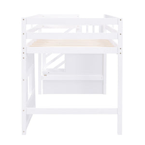 English Elm Twin Loft Bed Pinewood Frame with Storage Staircase Led Lighting and Window Cutout White GX000436AAK