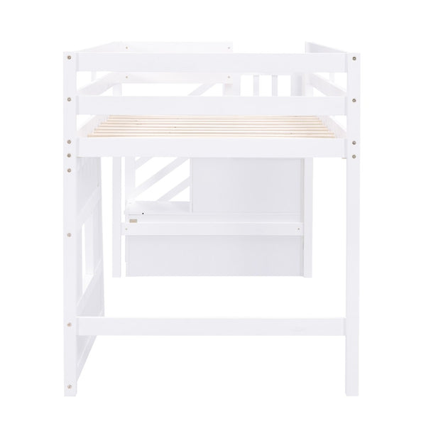 English Elm Twin Loft Bed Pinewood Frame with Storage Staircase Led Lighting and Window Cutout White GX000436AAK