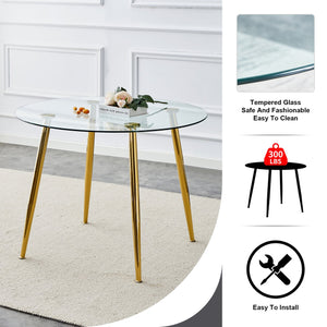 English Elm A Modern Minimalist Round Glass Dining Table With Gold Legs – Perfect For Living & Conference Rooms W1151S03860