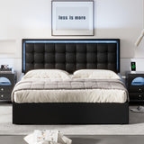 Luna Queen Size Upholstered Tufted Platform Bed with Underneath Storage and LED Lights, Black