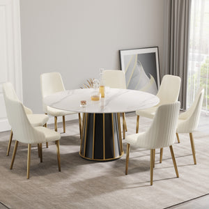 English Elm 59.05"Modern Round White Sintered Stone Dining Table With Iron Base - Seats 6-8 For Stylish Meals W1535S00262