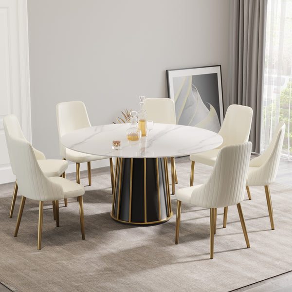 English Elm 59.05"Modern Round White Sintered Stone Dining Table With Iron Base - Seats 6-8 For Stylish Meals W1535S00262