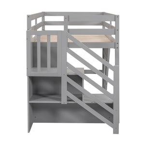 English Elm Twin Loft Bed Pinewood Frame with Storage Staircase Led Lighting and Window Cutout Gray GX000436AAE
