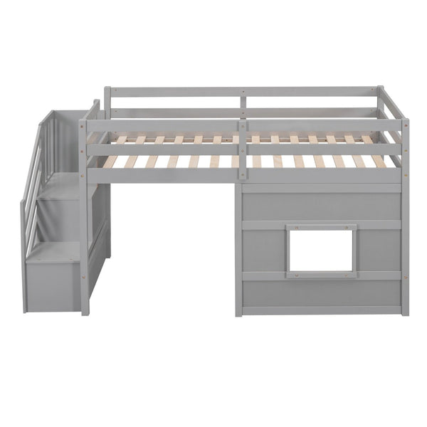 English Elm Twin Loft Bed Pinewood Frame with Storage Staircase Led Lighting and Window Cutout Gray GX000436AAE