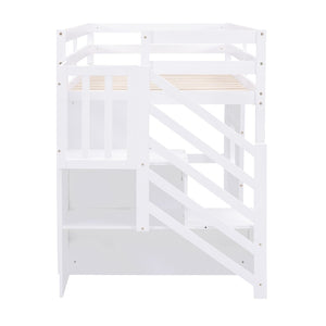 English Elm Twin Loft Bed Pinewood Frame with Storage Staircase Led Lighting and Window Cutout White GX000436AAK
