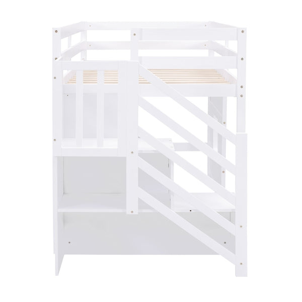 English Elm Twin Loft Bed Pinewood Frame with Storage Staircase Led Lighting and Window Cutout White GX000436AAK
