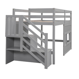 English Elm Twin Loft Bed Pinewood Frame with Storage Staircase Led Lighting and Window Cutout Gray GX000436AAE